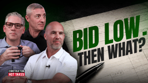 Three Construction Hot Takes podcast hosts next to a bid document that reads "Bid Low, Then What?" for an episode on construction buyout.